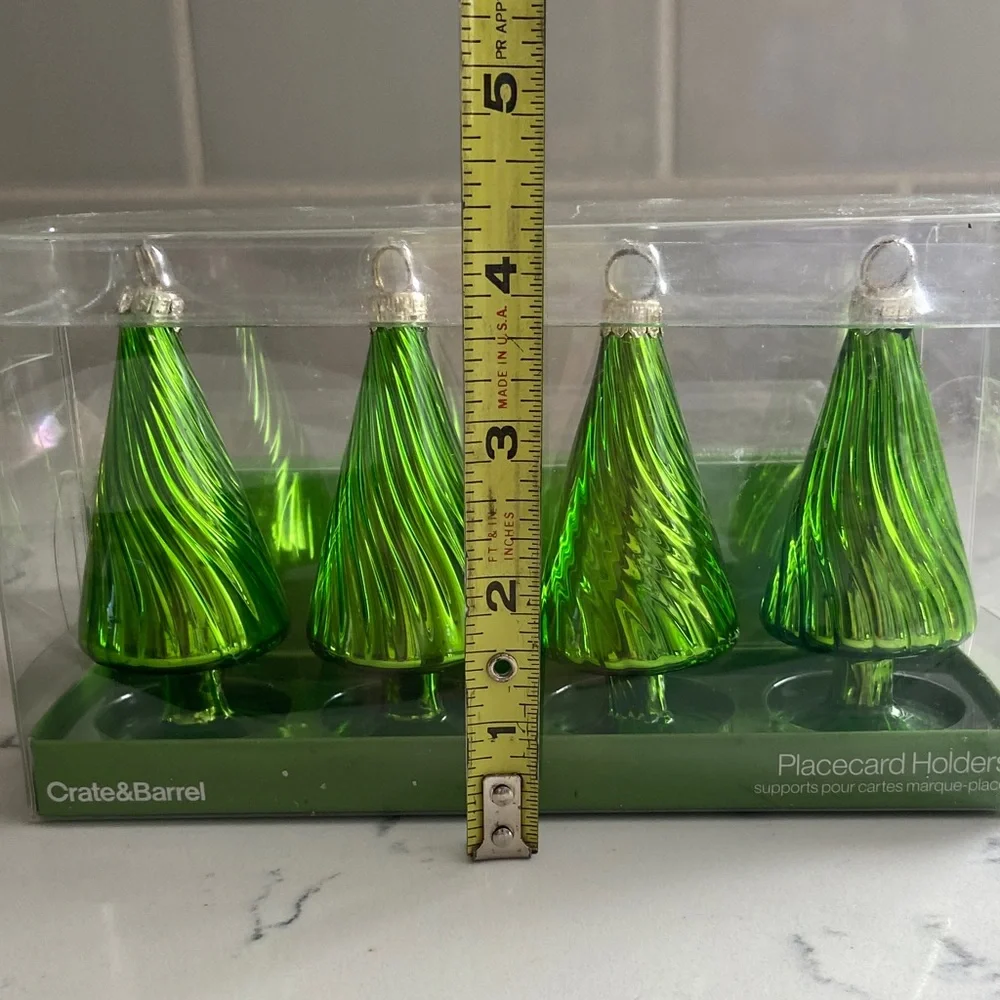 Crate & Barrel Glass Christmas Tree Place Card Holders Set 8 Green